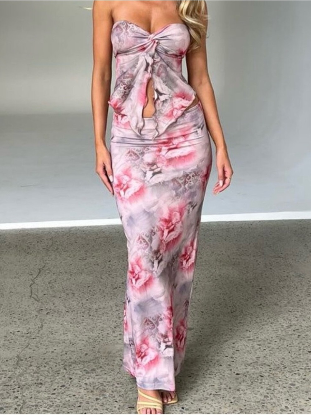 Tiger Mist Pink and Gray Strapless Twist Front Maxi Dress